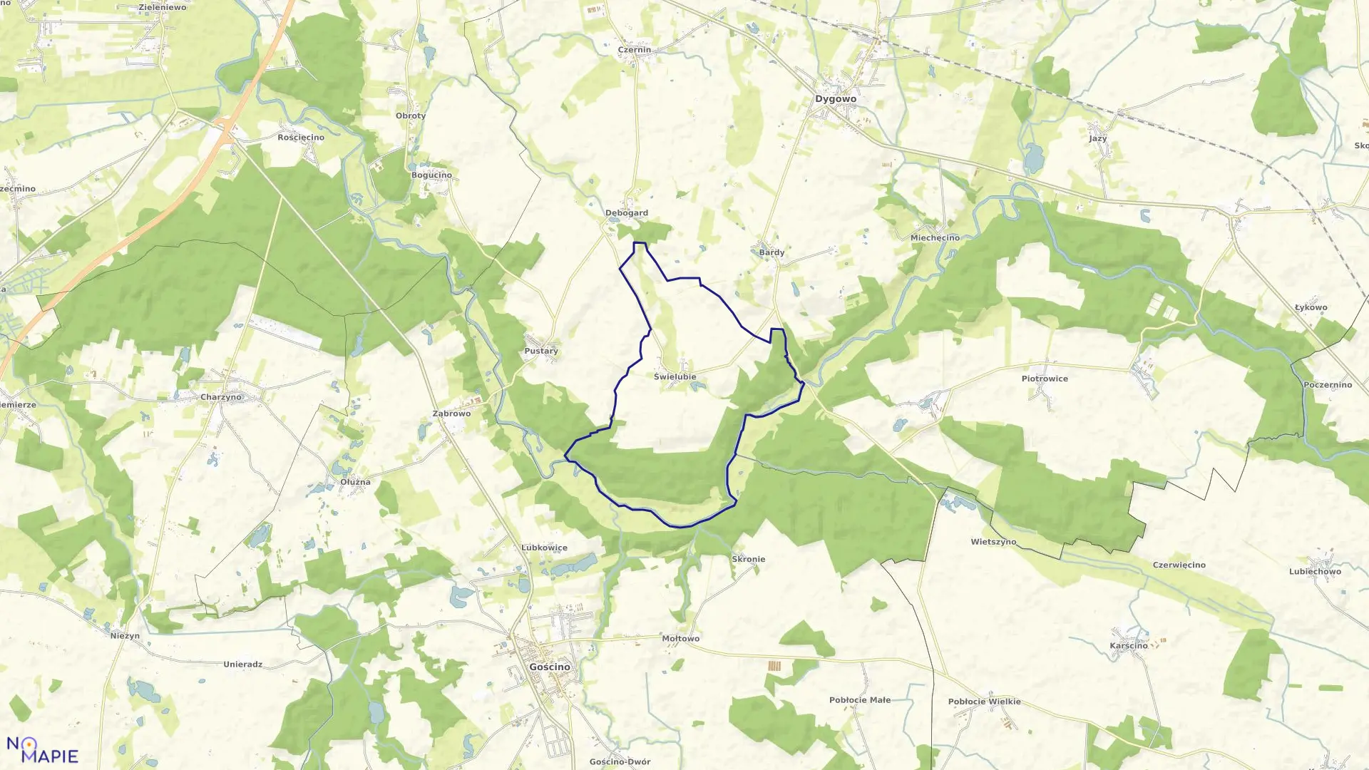 Mapa obrębu Świelubie w gminie Dygowo